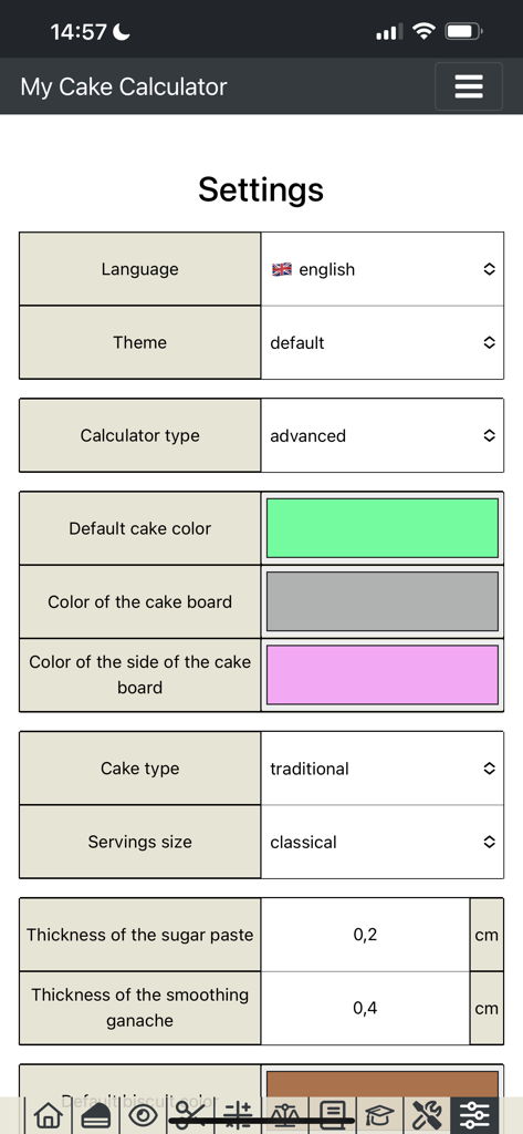Settings screen of the My Cake Calculator app with customization options for professional baking