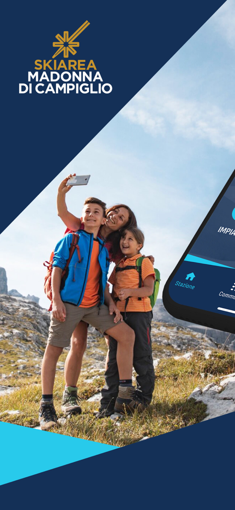 Skiarea Madonna di Campiglio - A family taking a selfie while hiking in the Italian Dolomites mountains shown in the Skiarea Madonna di Campiglio app promotional image.
