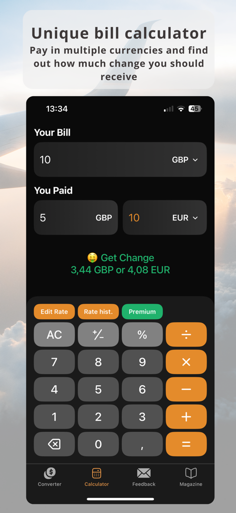 Currency Converter Plus app interface showing the unique bill calculator for mixed currencies