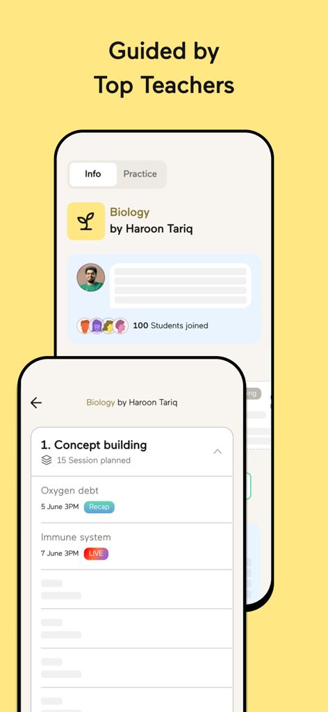 최고의 선생님들이 지도하는 생물학 과정과 상세한 학습 계획을 보여주는 Noon Academy 앱 인터페이스