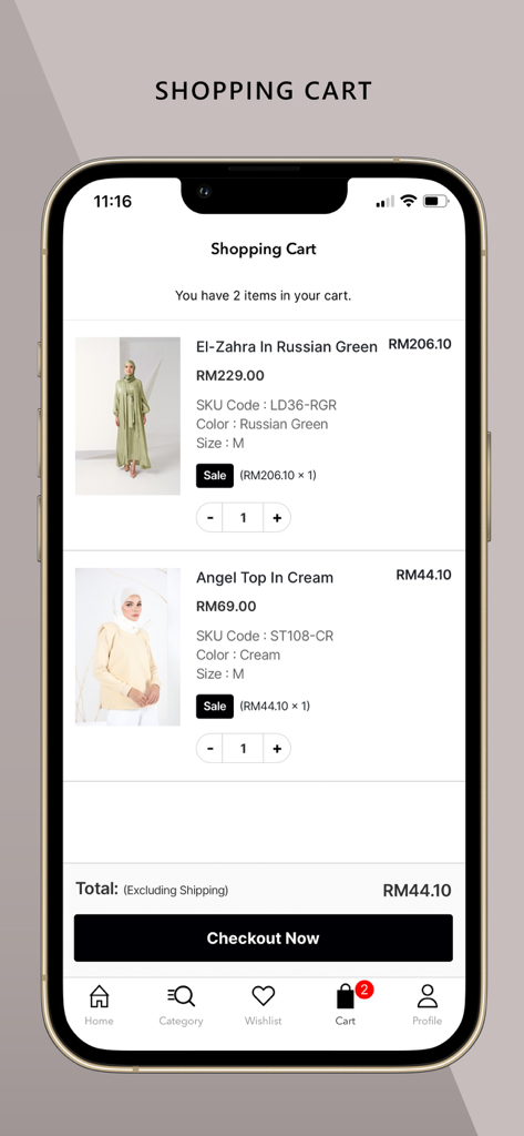 She Dazzle - She Dazzle Mobile App Warenkorb-Bildschirm mit Kleidungsstücken und einer Checkout-Schaltfläche
