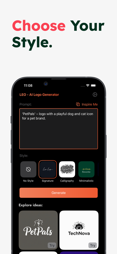 Leo: AI Logo & Signature Maker - Leo AI Logo Makerアプリのインターフェース。ペットブランドのプロンプトと、署名やカリグラフィーなどのロゴスタイルの選択肢が表示されています。