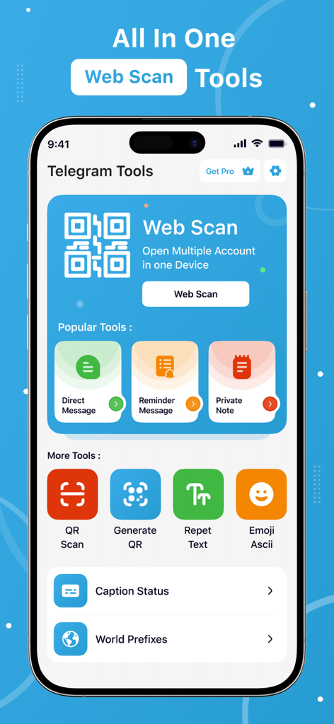 Panel de la aplicación Telegram Plus que muestra el escaneo web para múltiples cuentas y varias herramientas de utilidad