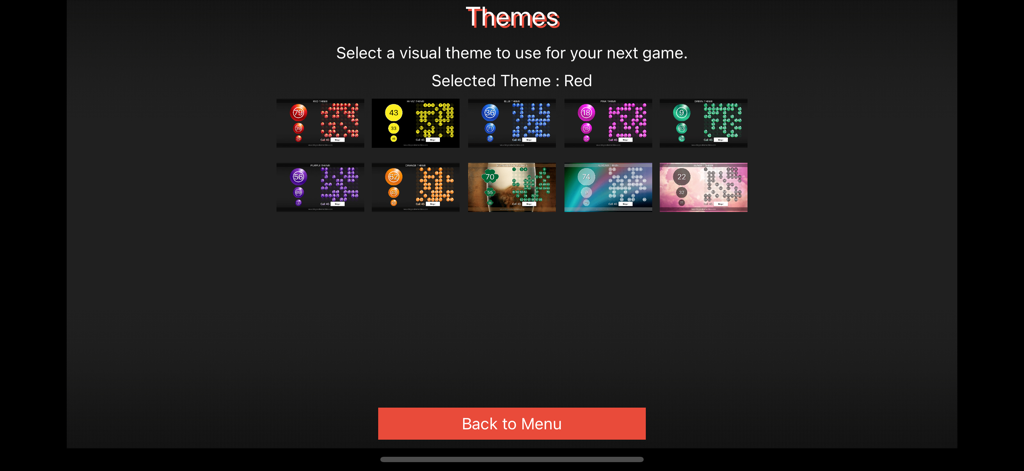 Theme selection screen showing various color options for bingo games