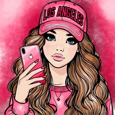 realistic beautiful girl wearing los ángeles cap holding an iphone