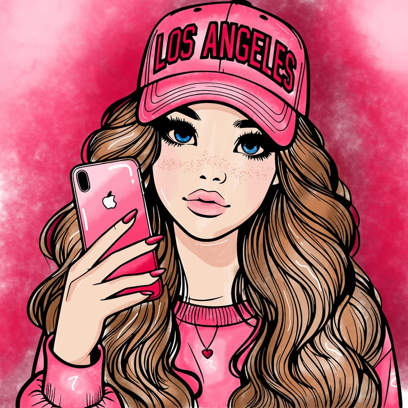 realistic beautiful girl wearing los ángeles cap holding an iphone