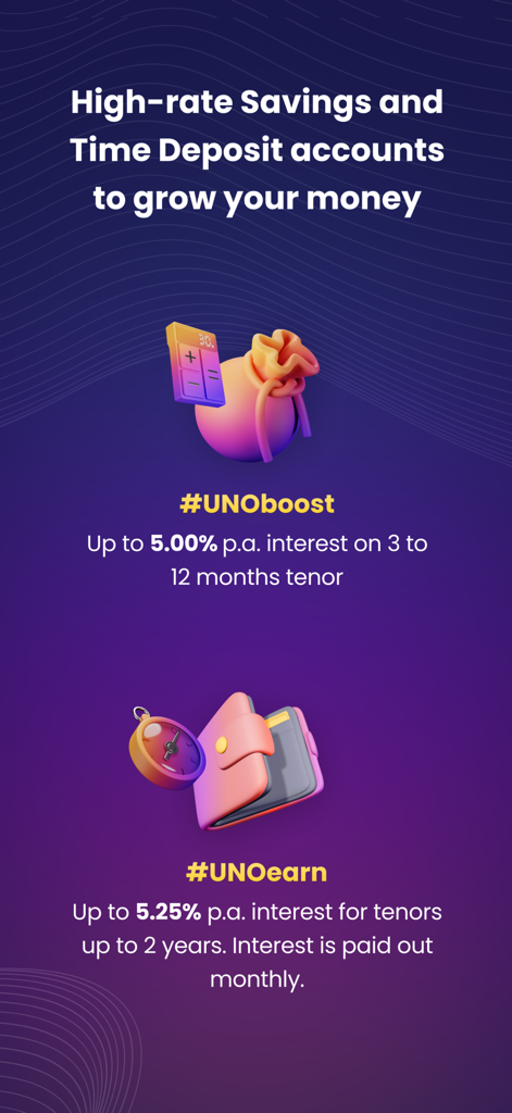 UNO Digital Bank screen displaying high interest rates for UNOboost and UNOearn savings and time deposit accounts