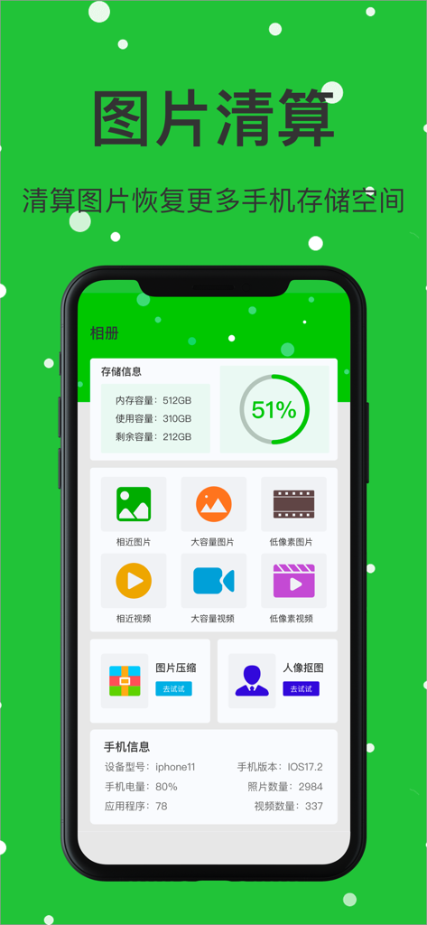 Mobile Manager app dashboard showing storage usage at 51 percent with options for photo cleanup and image compression.