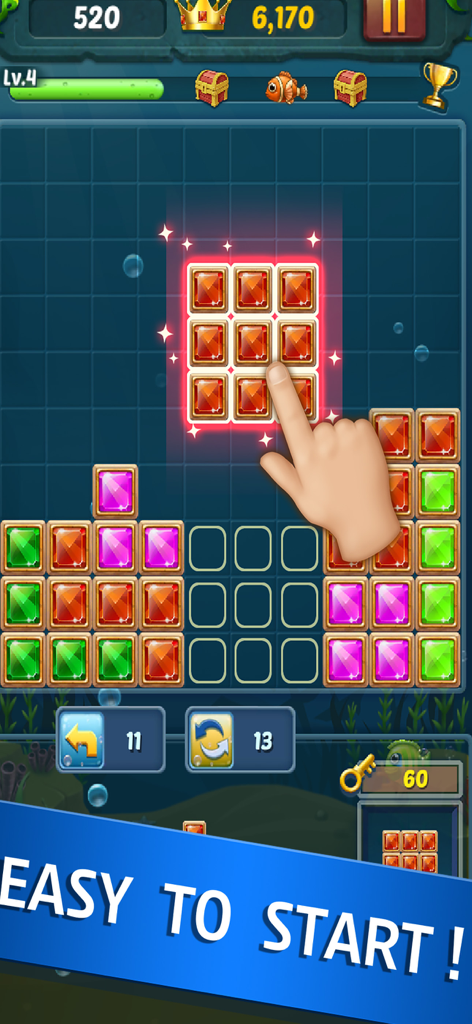 Block Ocean Puzzle 1010 - Underwater jewel block puzzle gameplay with a hand dragging a red square piece onto the grid