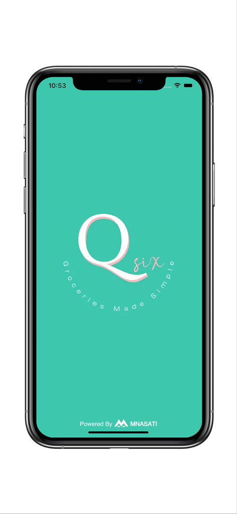Écran de démarrage de l'application Q Six Qatar montrant le logo avec le slogan Groceries Made Simple