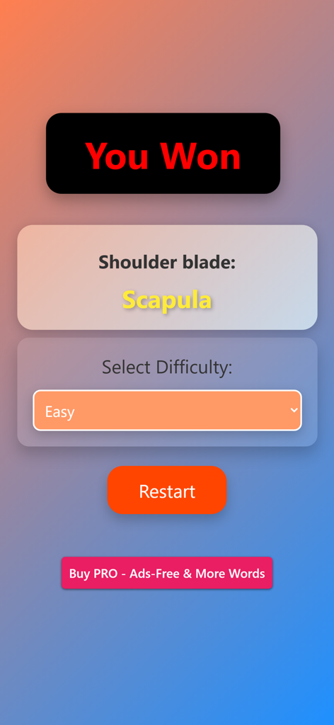 Medical Terminology Game Guess - Winning screen of the medical terminology game showing the term Scapula for shoulder blade