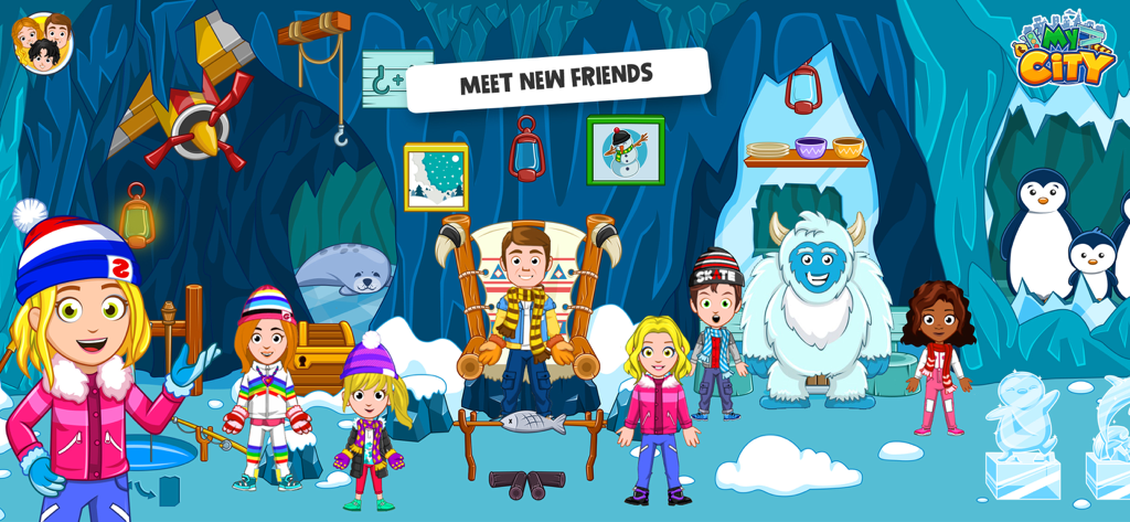 My City : Ski Resort - Cartoon characters interacting with a yeti and penguins in an ice cave.