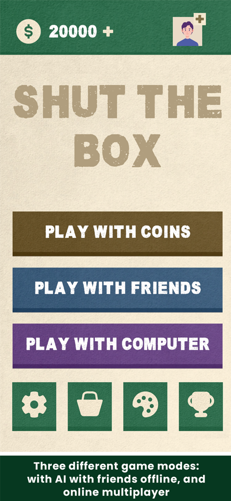 Shut The Box - Dice Board Game - Menú principal de la aplicación del juego de mesa de dados Shut The Box que muestra opciones de modo de juego, incluyendo jugar con monedas, jugar con amigos y jugar con la computadora.