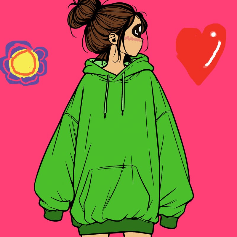 realistic girl with a oversized sweatshirt on and a bun