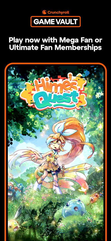 Crunchyroll: Hime’s Quest - キャラクターのひめが黄金の剣を持って緑豊かな森の中にいる、Crunchyroll Hime's Questのプロモーションアート。