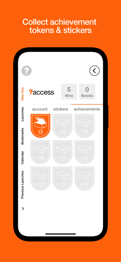 size? launches - A mobile app interface from size? launches showing a gamified user profile with achievement tokens and stickers for winning sneaker draws.