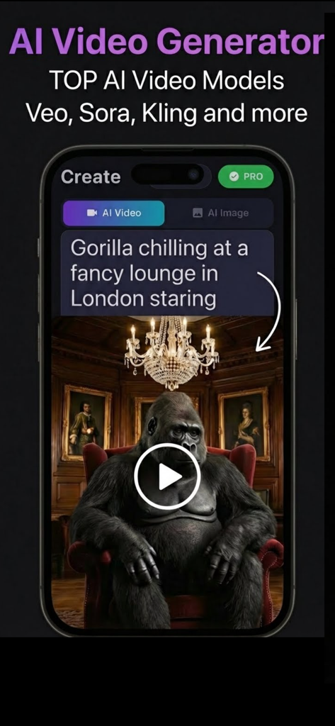 AI Video Generator Video AI - Mobile App-Oberfläche des KI-Videogenerators, die eine Text-zu-Video-Eingabeaufforderung und ein generiertes filmreifes Gorilla-Video anzeigt.