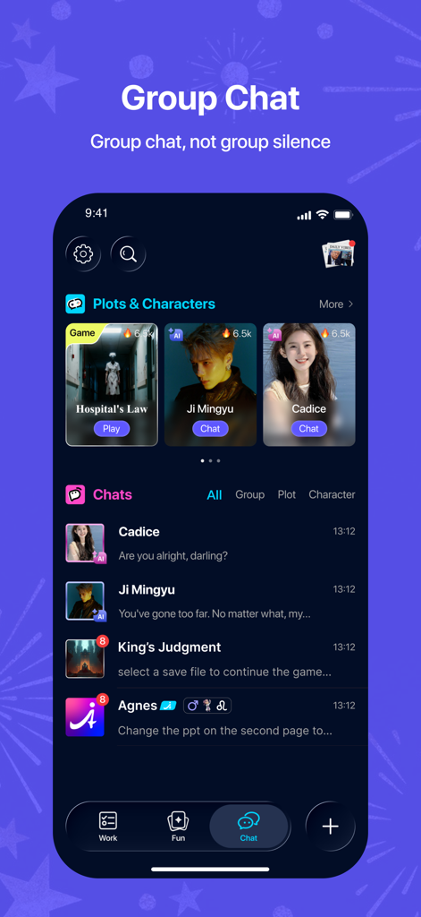 Agnes AI app interface showing group chats and interactive AI characters.