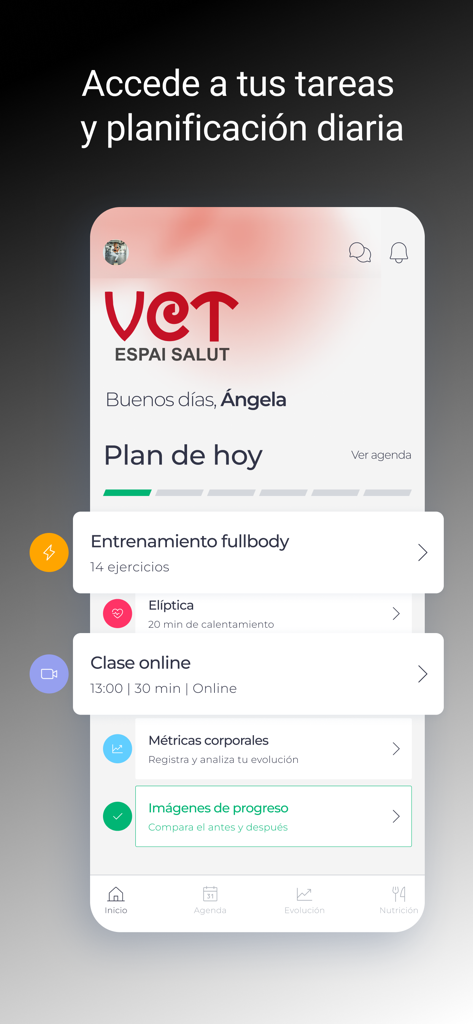 VCT Espai Salut - VCT Espai Salut app dashboard showing daily fitness tasks workout schedule and health progress tracking