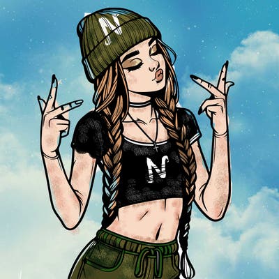 realistic teenage girl with braids and a beanie and crop top doing 🫶🏼