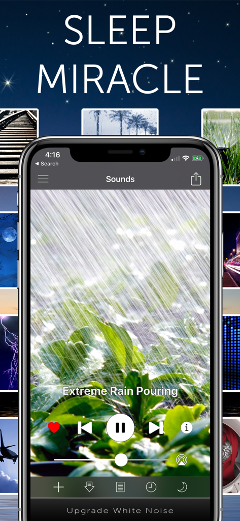 White Noise Lite mobile app showing the extreme rain sound player against a starry night background