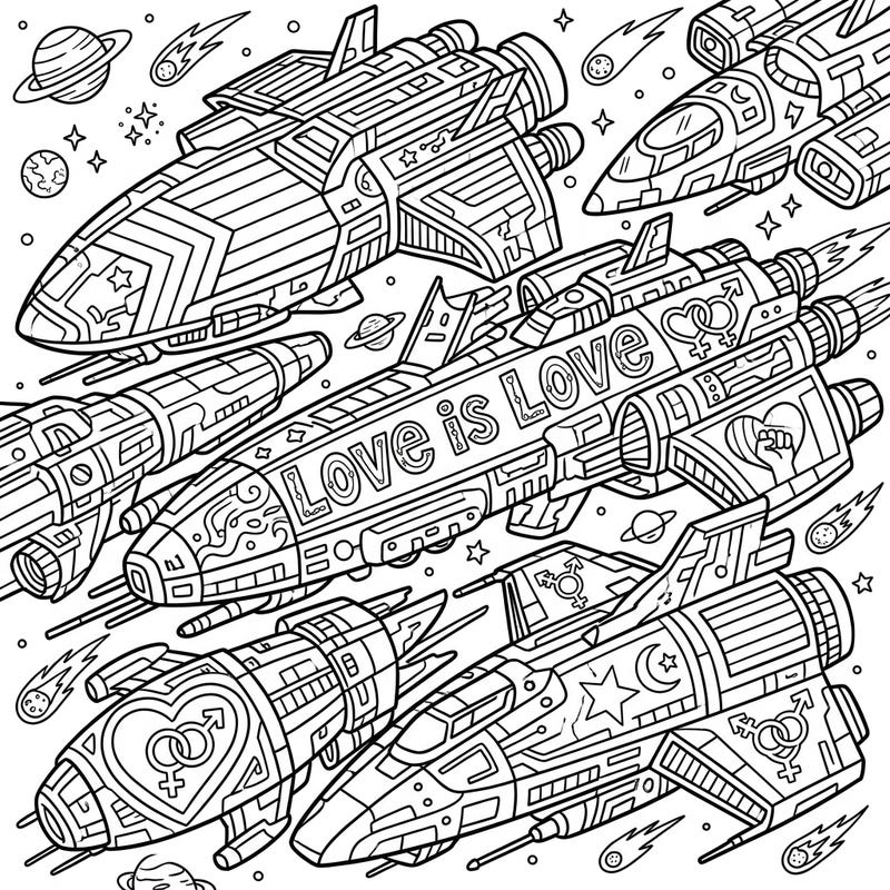 Launch into a universe of creativity with our unique Pride-themed spaceship coloring page, specially designed for teens. Discover intricate details and uplifting messages like 'Love is Love' as you bring this cosmic scene to life.