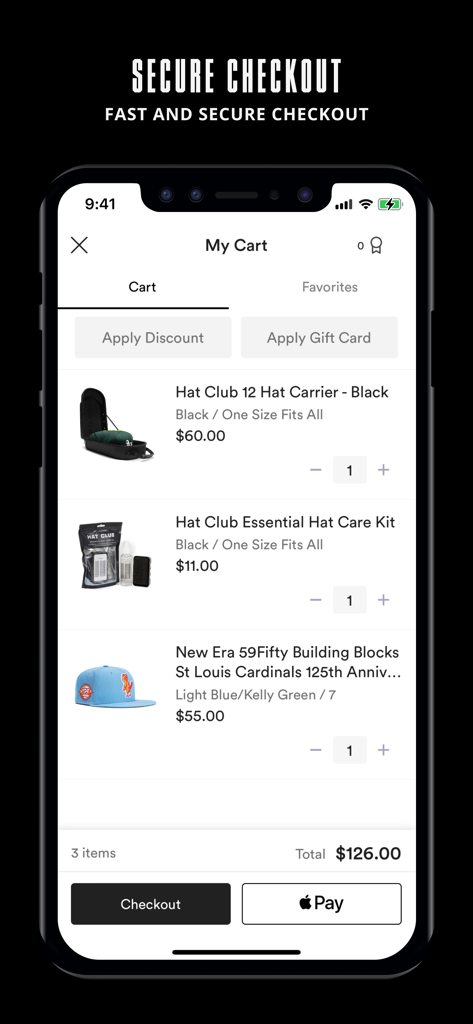 Hat Club - Warenkorbansicht der Hat Club mobilen App, die ausgewählte Artikel und sichere Kaufabwicklungsoptionen anzeigt