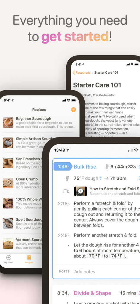 Rise: Baking & Bread Recipes - Interface of the Rise app showing sourdough bread recipes and detailed baking instructions