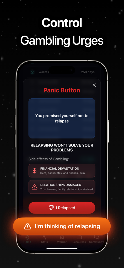 Betless: Quit Gambling - Betless app panic button interface for controlling gambling urges and preventing relapse