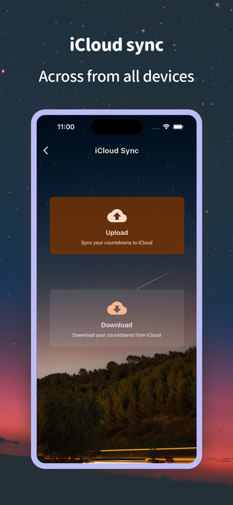 Countdown Calendar & Widget - iCloud sync interface for the Countdown Calendar and Widget app showing upload and download options