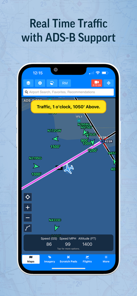 Aviator Assistant: Weather EFB - Aviator Assistant mobile app interface showing real time aircraft traffic with ADS-B support and proximity alerts on a flight navigation map