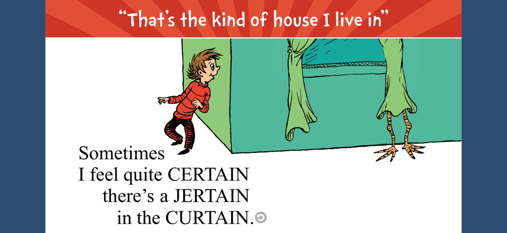 There's a Wocket in My Pocket! - A digital page from the Dr. Seuss book app showing the character Jertain in a curtain