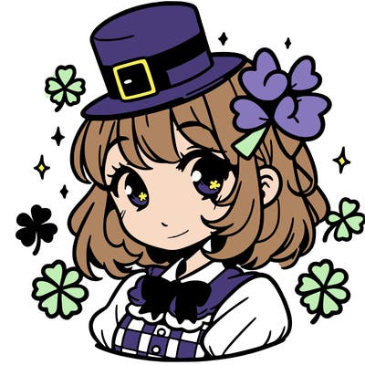 a manga-style girl with clovers around her, a little hat in her hair, like it's saint patrick's day