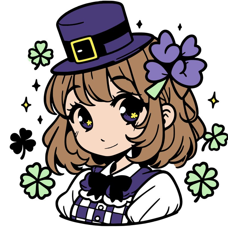 a manga-style girl with clovers around her, a little hat in her hair, like it's saint patrick's day