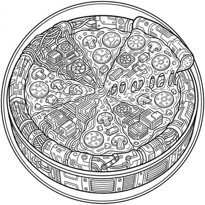 Feast your eyes on this incredible Deep Dish Pizza, re-imagined with a high-tech cyberpunk twist! This unique coloring page blends savory comfort food with a futuristic, wired aesthetic for an unforgettable artistic experience.