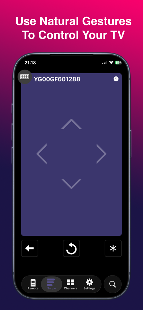 Widget Remote for Roku - Pantalla del iPhone que muestra la interfaz de control de gestos de deslizamiento para la aplicación de control remoto de Roku.