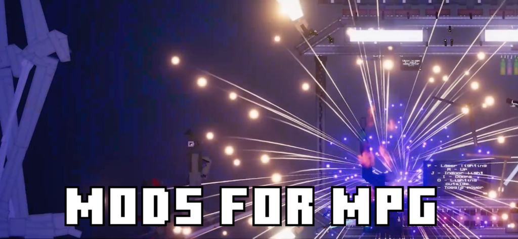 Mods For Playground Ragdoll 3D - A dark sandbox game scene with bright white light trails and pixelated text saying Mods For MPG