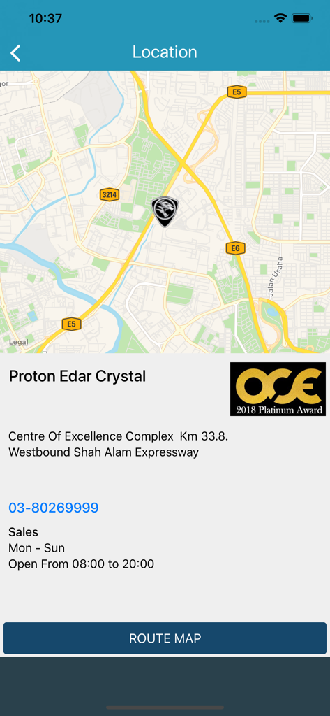 MyProton Official - The location screen of the MyProton Official app showing a map and contact details for a Proton service center