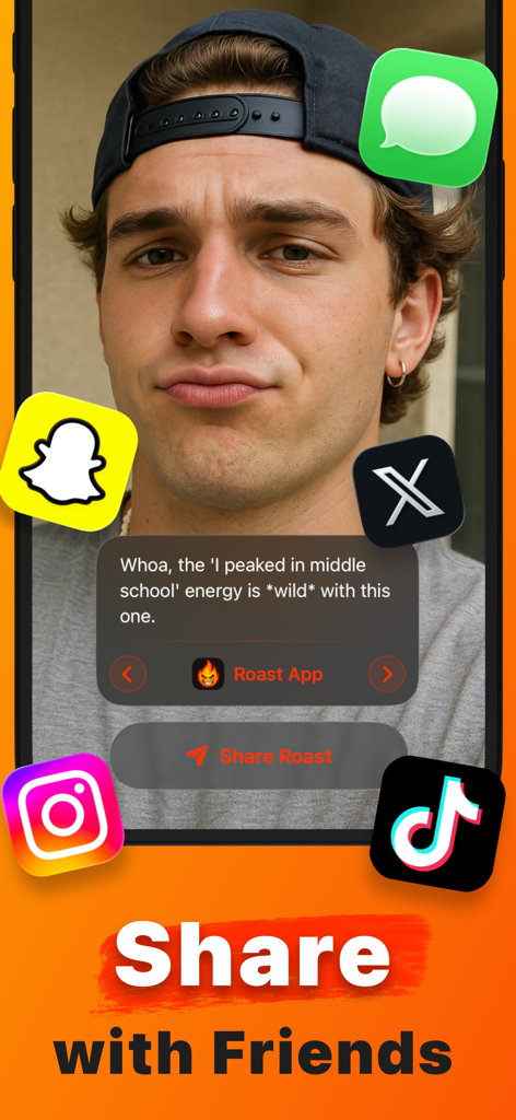 A screenshot of Roast App showing an AI generated roast on a young man's photo with social media icons for sharing.