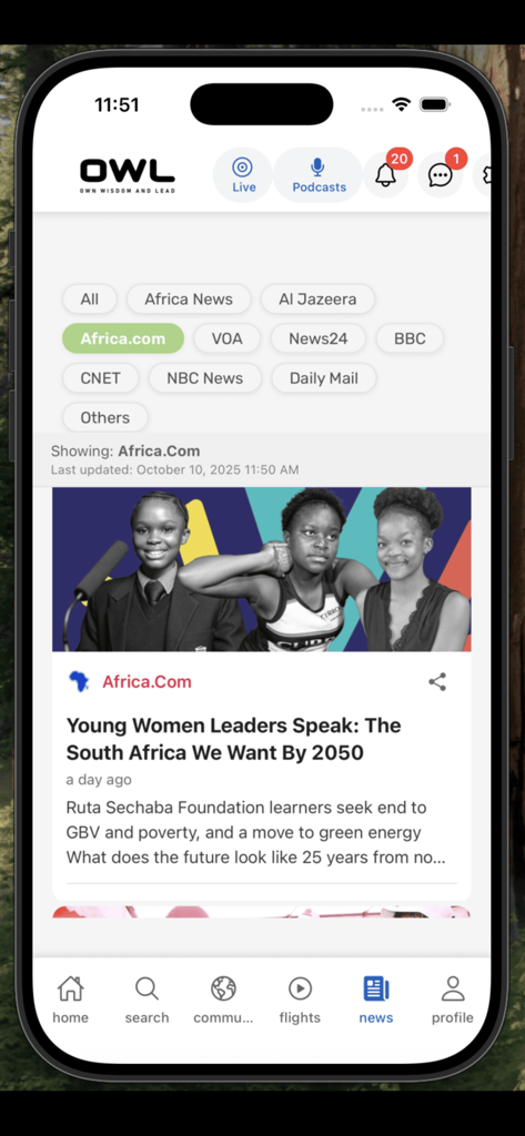 OWL Platform - O feed de notícias do aplicativo Plataforma OWL mostrando artigos de notícias africanas e filtros de origem