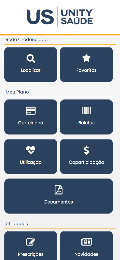 Unity Saúde - Unity Saude app home screen displaying health plan features like virtual ID card and billing