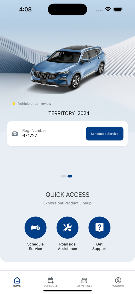 Aljazirah Vehicles - Home screen of the Aljazirah Vehicles app displaying a vehicle status and service shortcuts