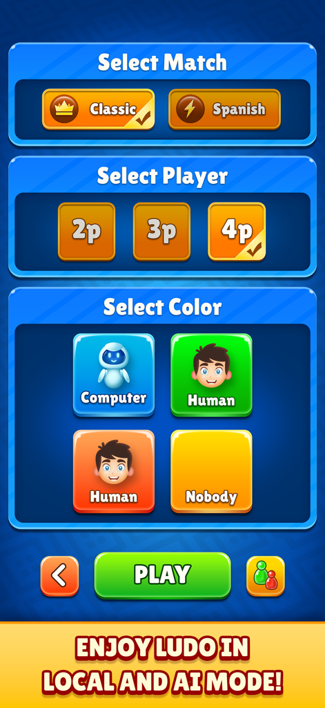 Zen Ludo - Interfaz de Zen Ludo mostrando la selección de partidas y la configuración multijugador local con opciones de IA