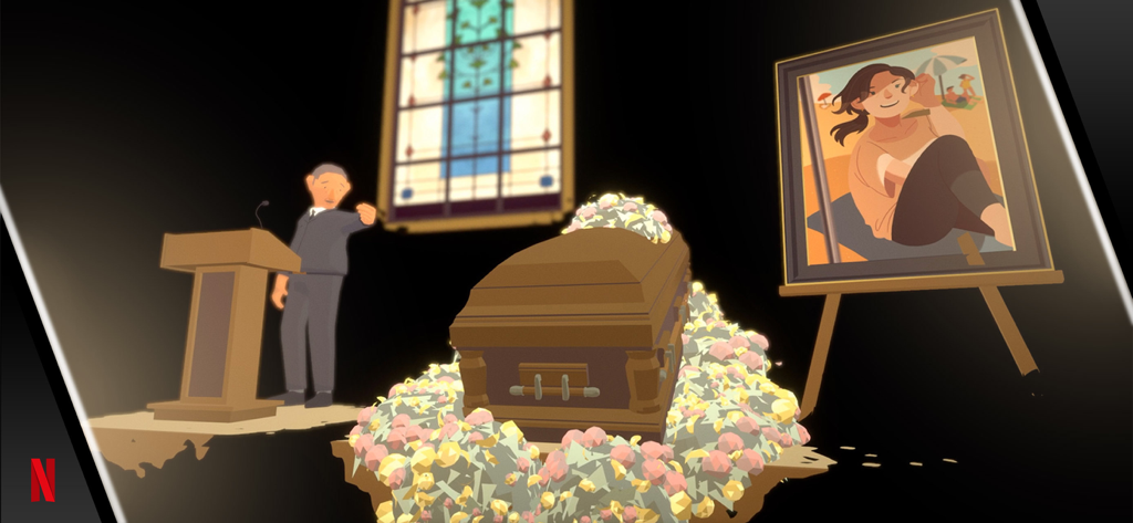 Before Your Eyes - Un'illustrazione stilizzata di una funzione funebre con una bara, fiori e un ritratto di una donna.