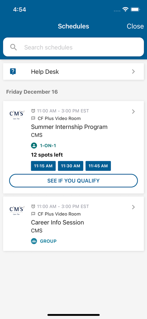 Career Fair Plus - A mobile interface of the Career Fair Plus app showing meeting schedules and reservation time slots for an internship program.