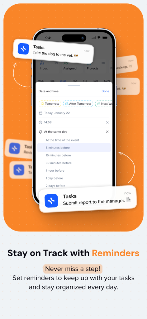 Interface of the xTiles app showing task reminders and notification scheduling on a mobile screen
