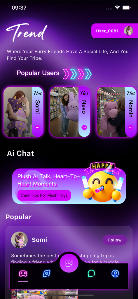 Trend - Discover, Share & Chat - Mobile app interface for Trend, a social platform for plush toy collectors featuring popular users and AI chat features