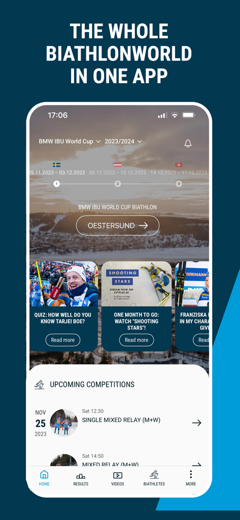 Official IBU App home screen showing upcoming biathlon world cup competitions and news