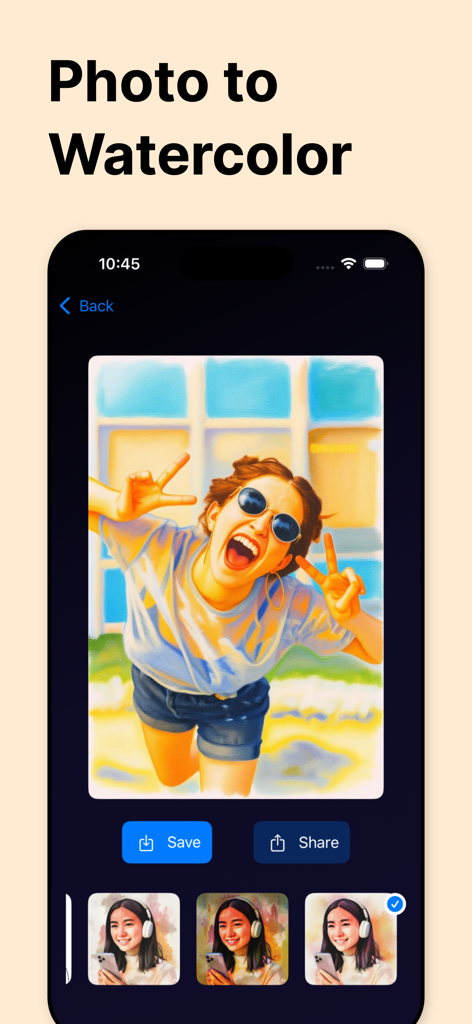 女の子の写真を水彩画に変換したモバイルアプリ画面