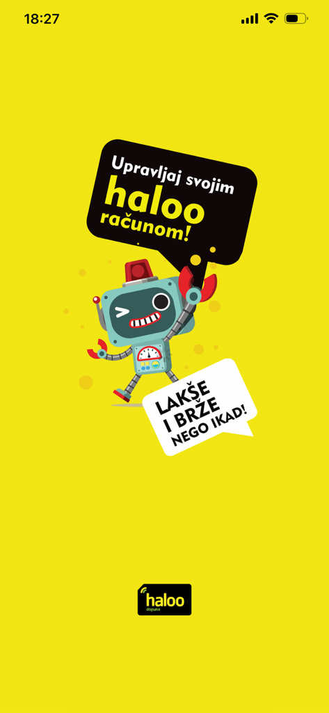 Moj haloo - Moj haloo App Startbildschirm mit einem freundlichen Roboter-Maskottchen und Text zur Kontoverwaltung.